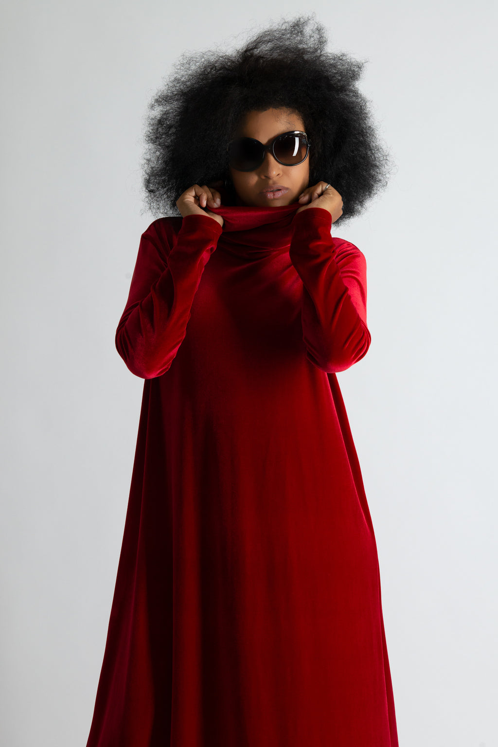 Red silk velvet turtleneck A-line dress Vivian - EUG Fashion #red
