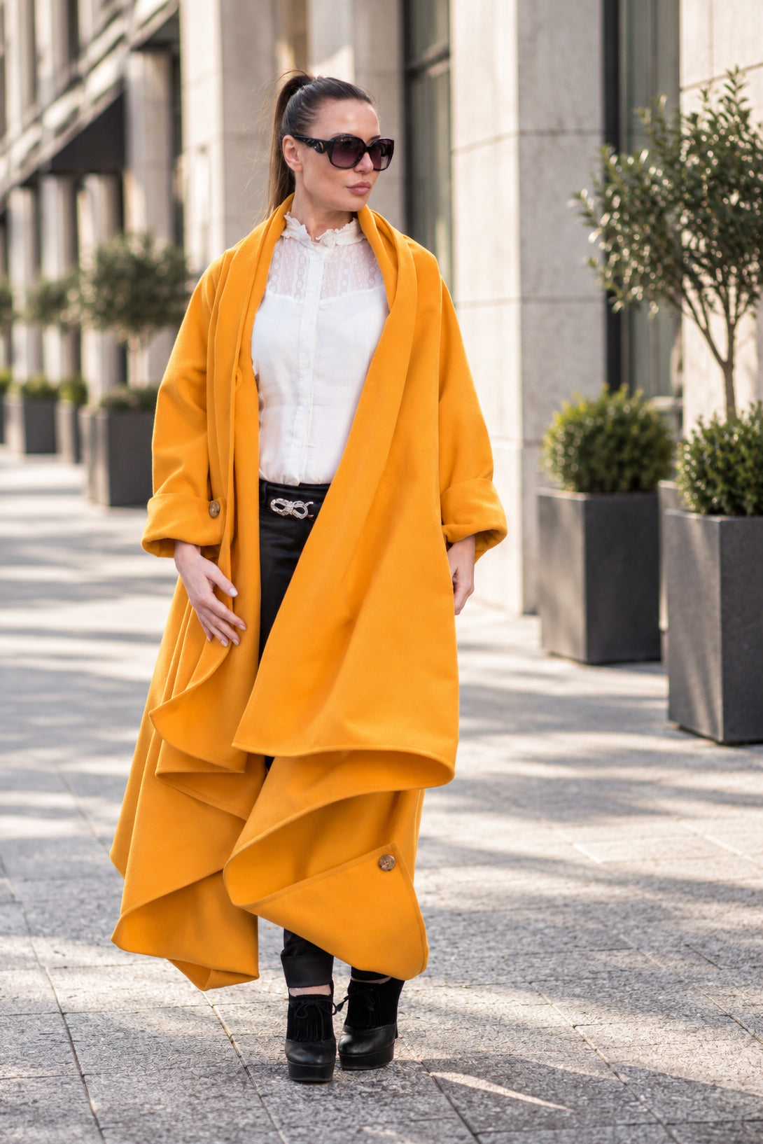 Mustard wide cape coat Renata with shawl collar - EUG Fashion #mustard
