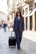 Navy three-piece suit in navy-and-white stripes - relaxed blazer, open-back vest, wide-leg trousers, Yamas | EUG Fashion #navy