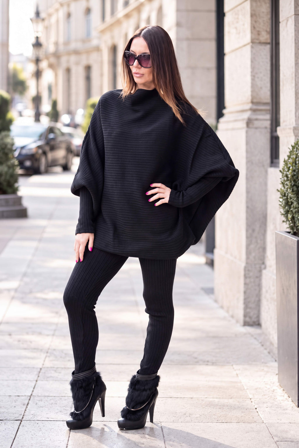 Black knit two-piece set with oversized bateau-neck tunic and fitted cuffs - warm stretchy fabric, Robin | EUG Fashion #black