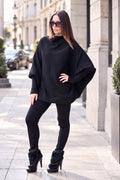 Black knit two-piece set with oversized bateau-neck tunic and fitted cuffs - warm stretchy fabric, Robin | EUG Fashion #black