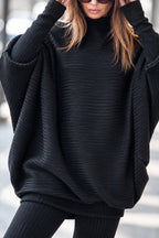 Black knit two-piece set with oversized bateau-neck tunic and fitted cuffs - warm stretchy fabric, Robin | EUG Fashion #black