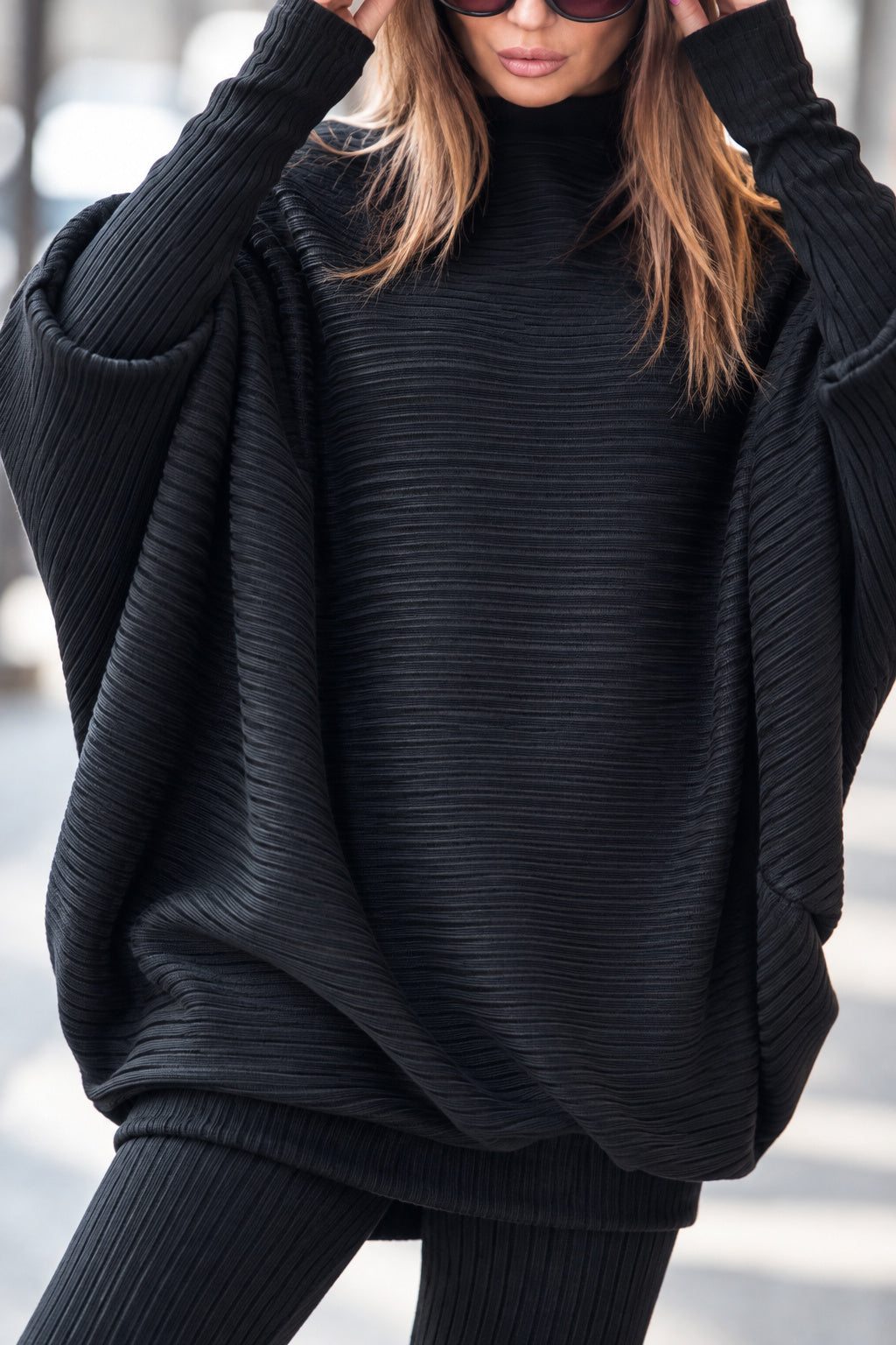 Black knit two-piece set with oversized bateau-neck tunic and fitted cuffs - warm stretchy fabric, Robin | EUG Fashion #black