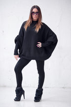 Black knit two-piece set with oversized bateau-neck tunic and fitted cuffs - warm stretchy fabric, Robin | EUG Fashion #black