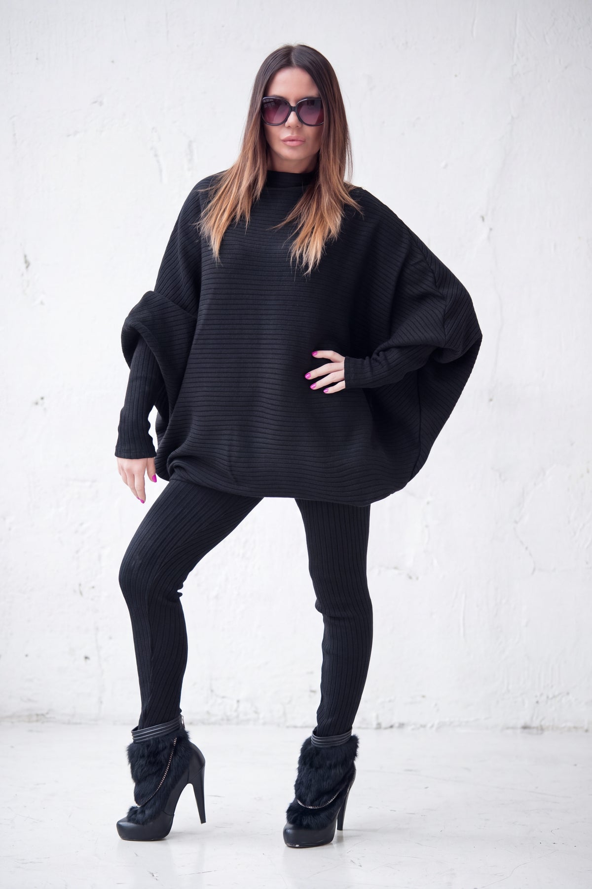 Black knit two-piece set with oversized bateau-neck tunic and fitted cuffs - warm stretchy fabric, Robin | EUG Fashion #black