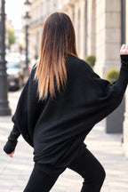 Black knit two-piece set with oversized bateau-neck tunic and fitted cuffs - warm stretchy fabric, Robin | EUG Fashion #black