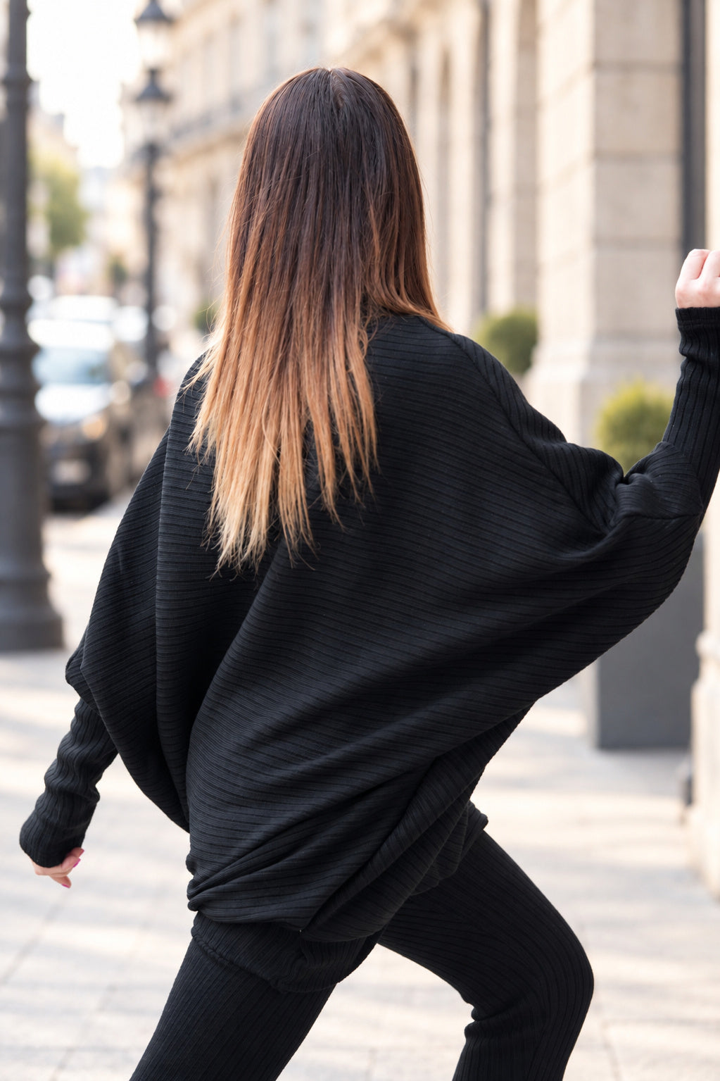 Black knit two-piece set with oversized bateau-neck tunic and fitted cuffs - warm stretchy fabric, Robin | EUG Fashion #black