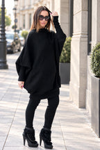 Black knit two-piece set with oversized bateau-neck tunic and fitted cuffs - warm stretchy fabric, Robin | EUG Fashion #black