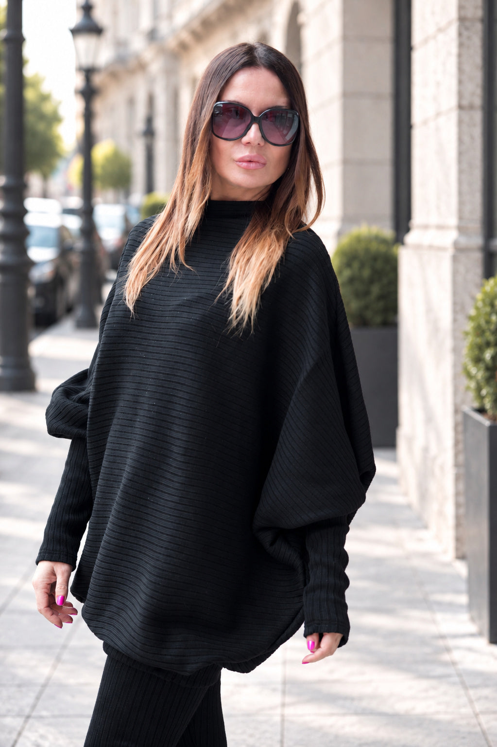 Black knit two-piece set with oversized bateau-neck tunic and fitted cuffs - warm stretchy fabric, Robin | EUG Fashion #black