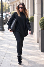 Black knit two-piece set with oversized bateau-neck tunic and fitted cuffs - warm stretchy fabric, Robin | EUG Fashion #black