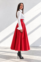 Red handmade taffeta long skirt - wide waistband, deep pleats and statement flower brooch, Rubin | EUG Fashion #red