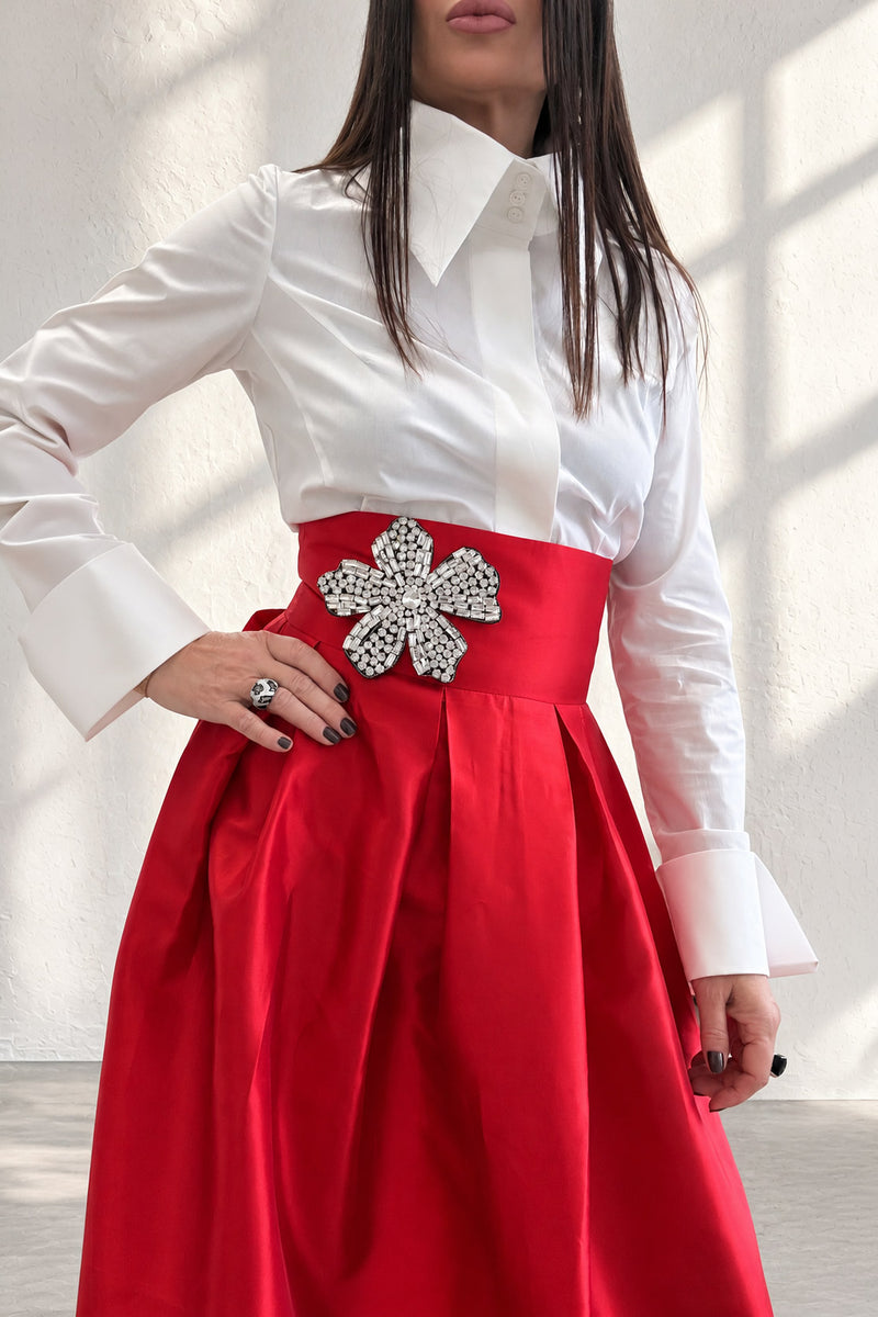 Red handmade taffeta long skirt - wide waistband, deep pleats and statement flower brooch, Rubin | EUG Fashion #red