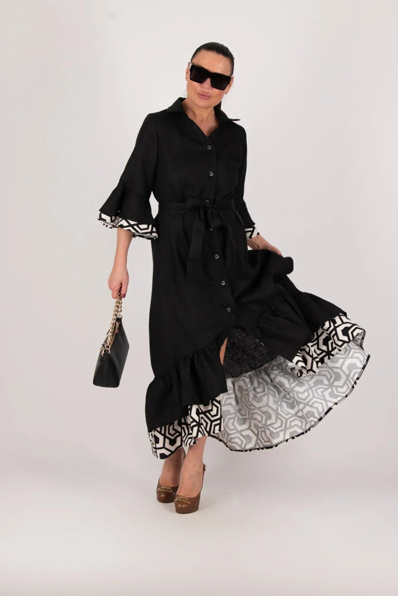 SALEM BLACK LINEN FLOUNCES DRESS - EUG FASHION EugFashion 