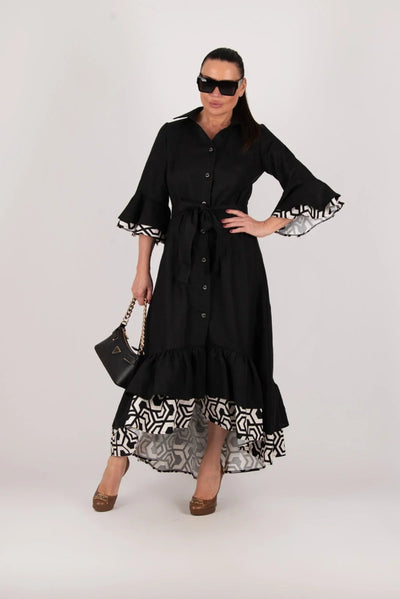 SALEM BLACK LINEN FLOUNCES DRESS - EUG FASHION EugFashion 