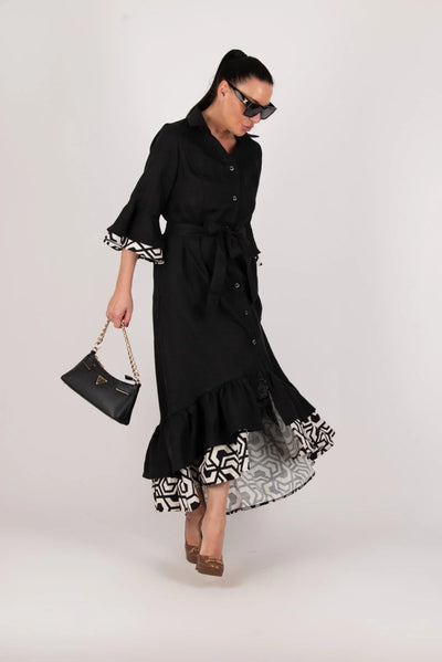 SALEM BLACK LINEN FLOUNCES DRESS - EUG FASHION EugFashion 