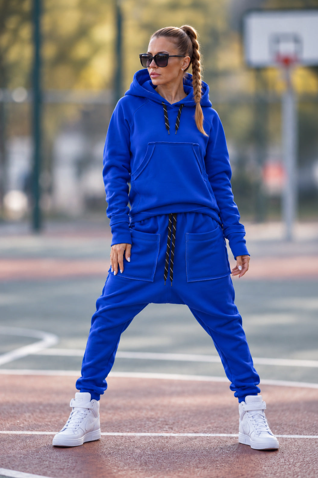 Royal blue cotton tracksuit with oversized hoodie and harem trousers - relaxed comfortable fit, Megan | EUG Fashion #royal-blue
