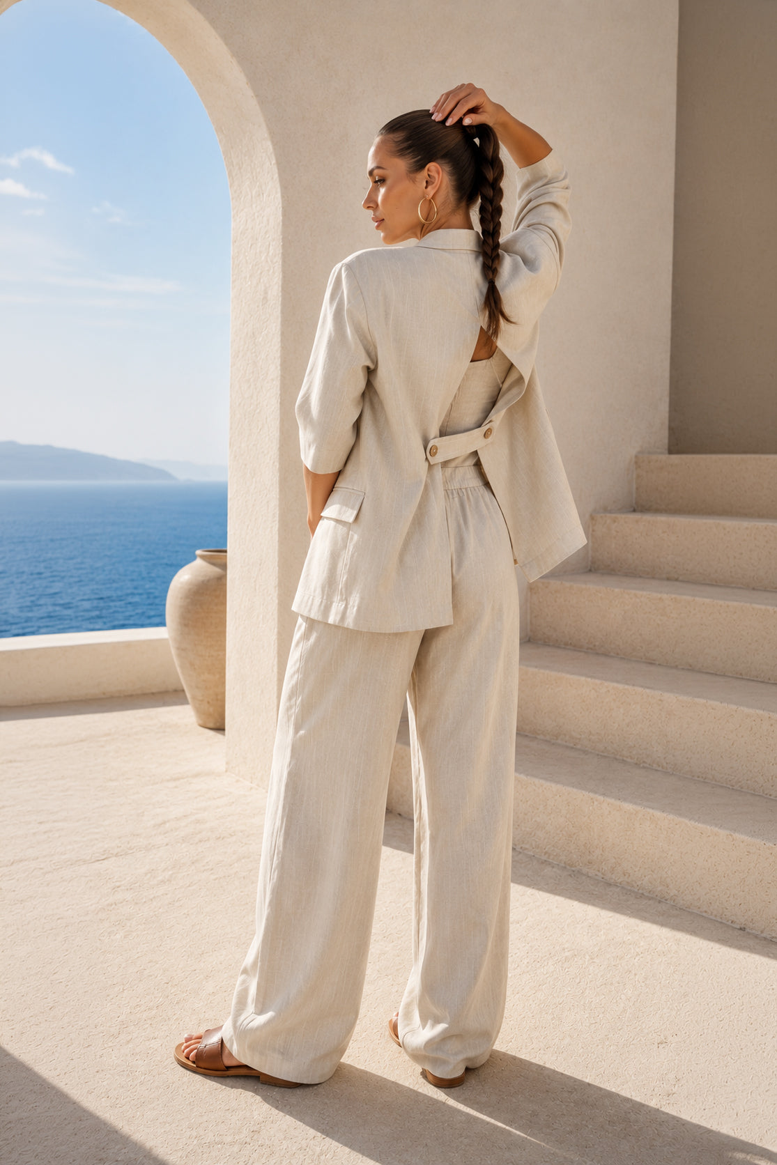 woman elegant linen boho outfit #natural