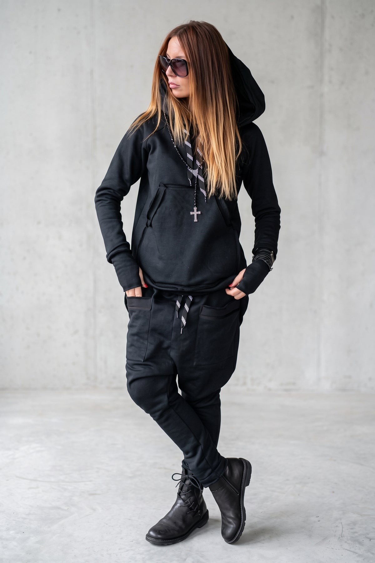 Black cotton tracksuit with oversized hoodie and harem trousers - relaxed comfortable fit, Megan | EUG Fashion #black