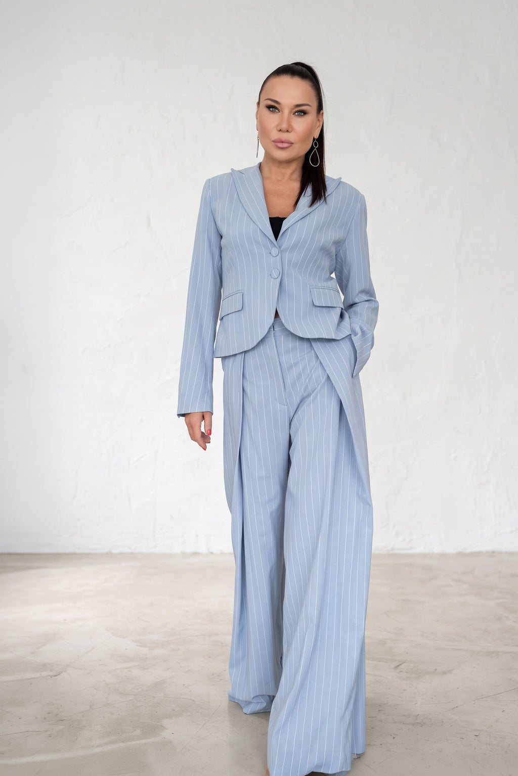 Women's light blue and white striped two-piece suit - fitted blazer and wide-leg trousers, Sandy | EUG Fashion