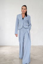 Women's light blue and white striped two-piece suit - fitted blazer and wide-leg trousers, Sandy | EUG Fashion