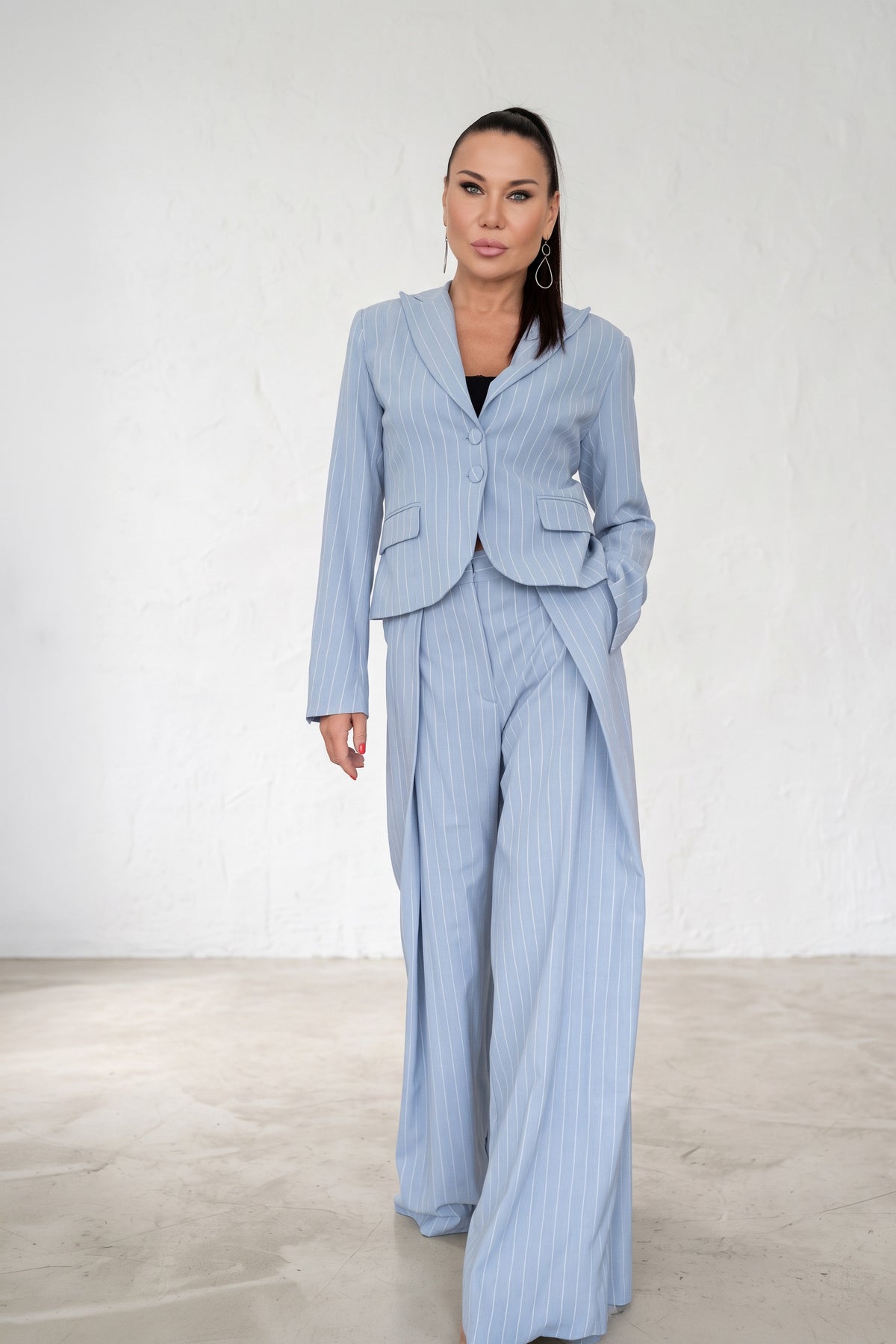 Women's light blue and white striped two-piece suit - fitted blazer and wide-leg trousers, Sandy | EUG Fashion