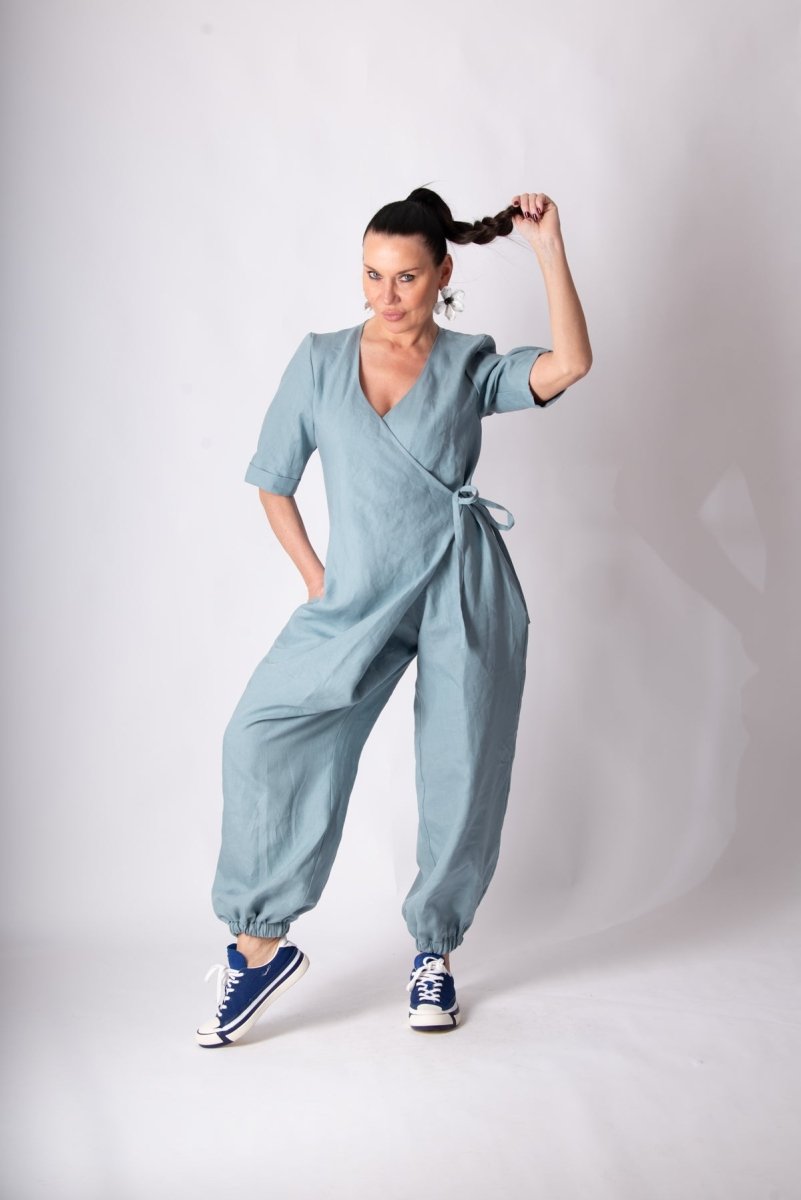 Short Sleeves Linen Jumpsuit SAYA - EUG Fashion EugFashion 