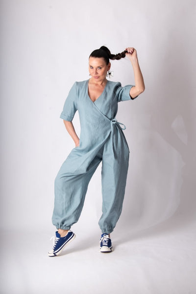 Short Sleeves Linen Jumpsuit SAYA - EUG Fashion EugFashion 