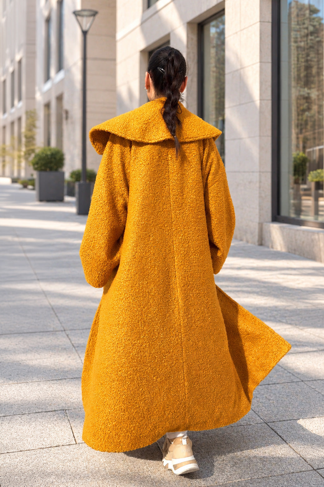 Mustard bouclé cape coat Siri with large shawl collar - EUG Fashion #mustard