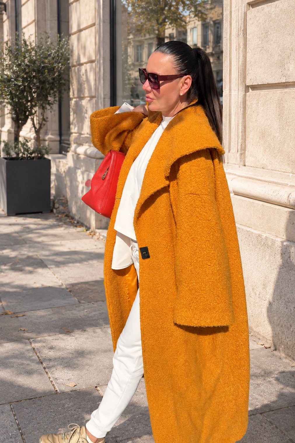Mustard bouclé cape coat Siri with large shawl collar - EUG Fashion #mustard
