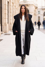 Black bouclé cape coat Siri with wide shawl collar - EUG Fashion #black
