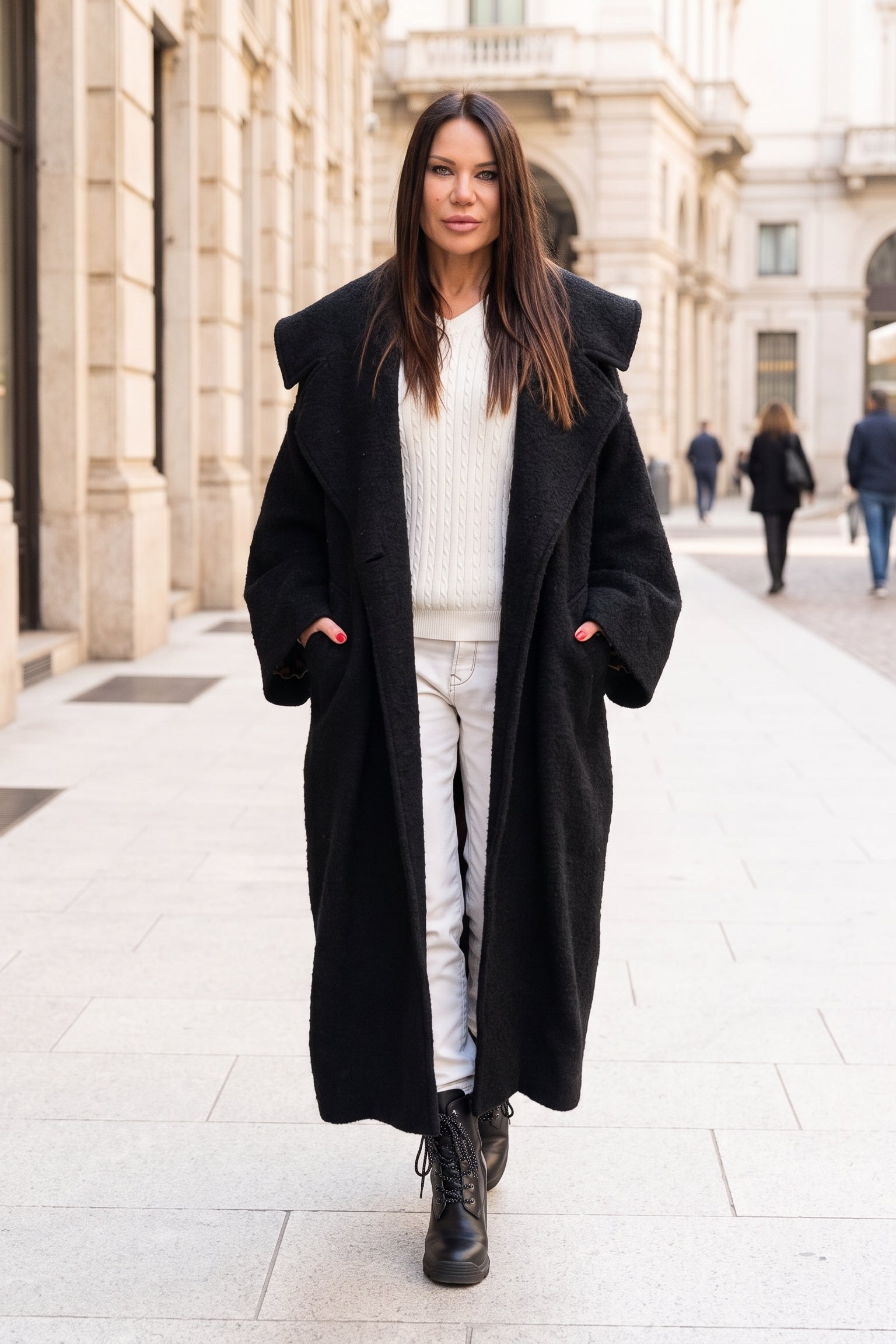 Black bouclé cape coat Siri with wide shawl collar - EUG Fashion #black
