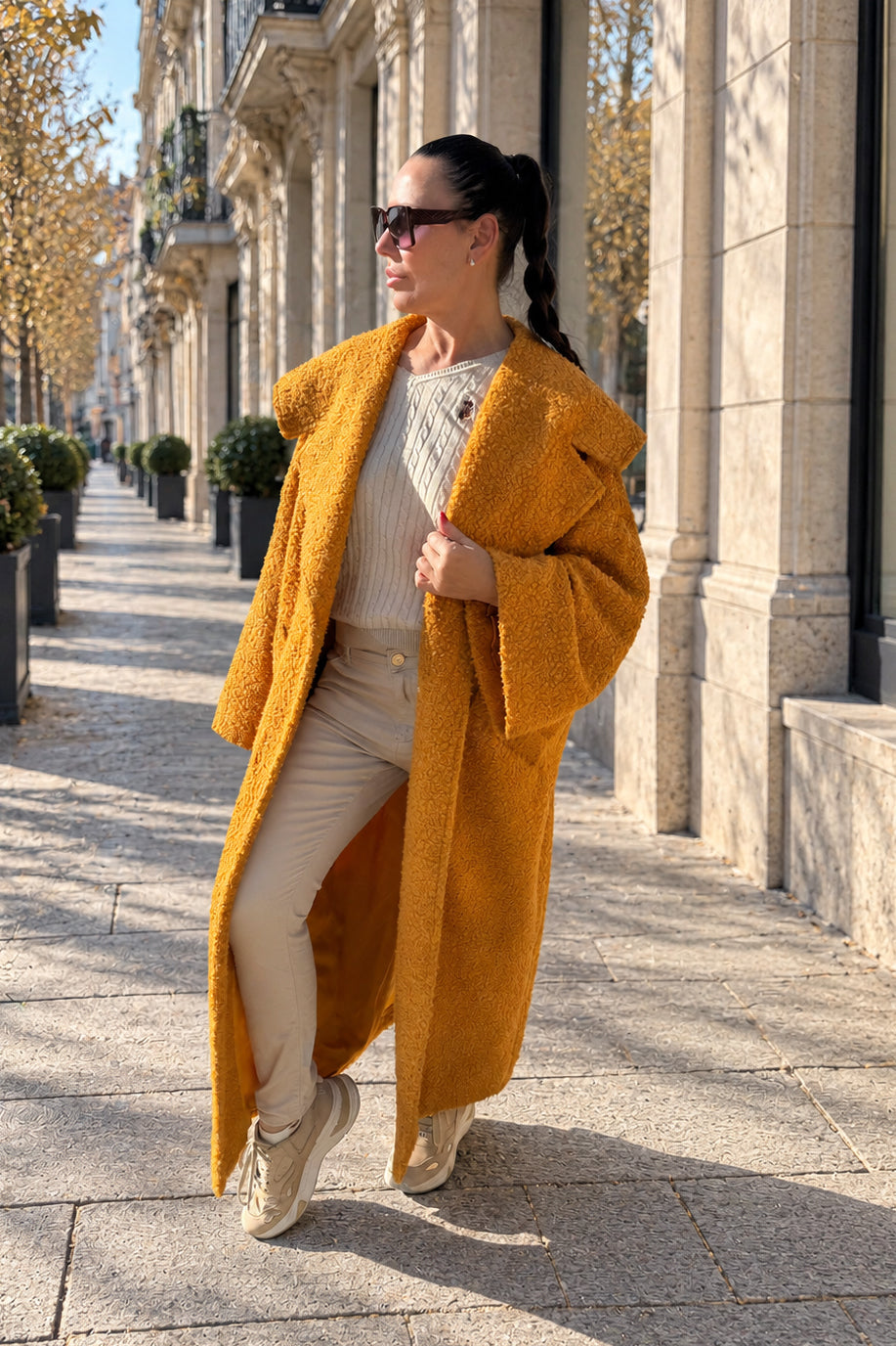 Mustard bouclé cape coat Siri with large shawl collar - EUG Fashion #mustard
