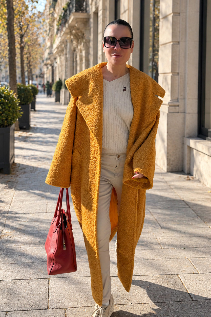 Mustard bouclé cape coat Siri with large shawl collar - EUG Fashion #mustard
