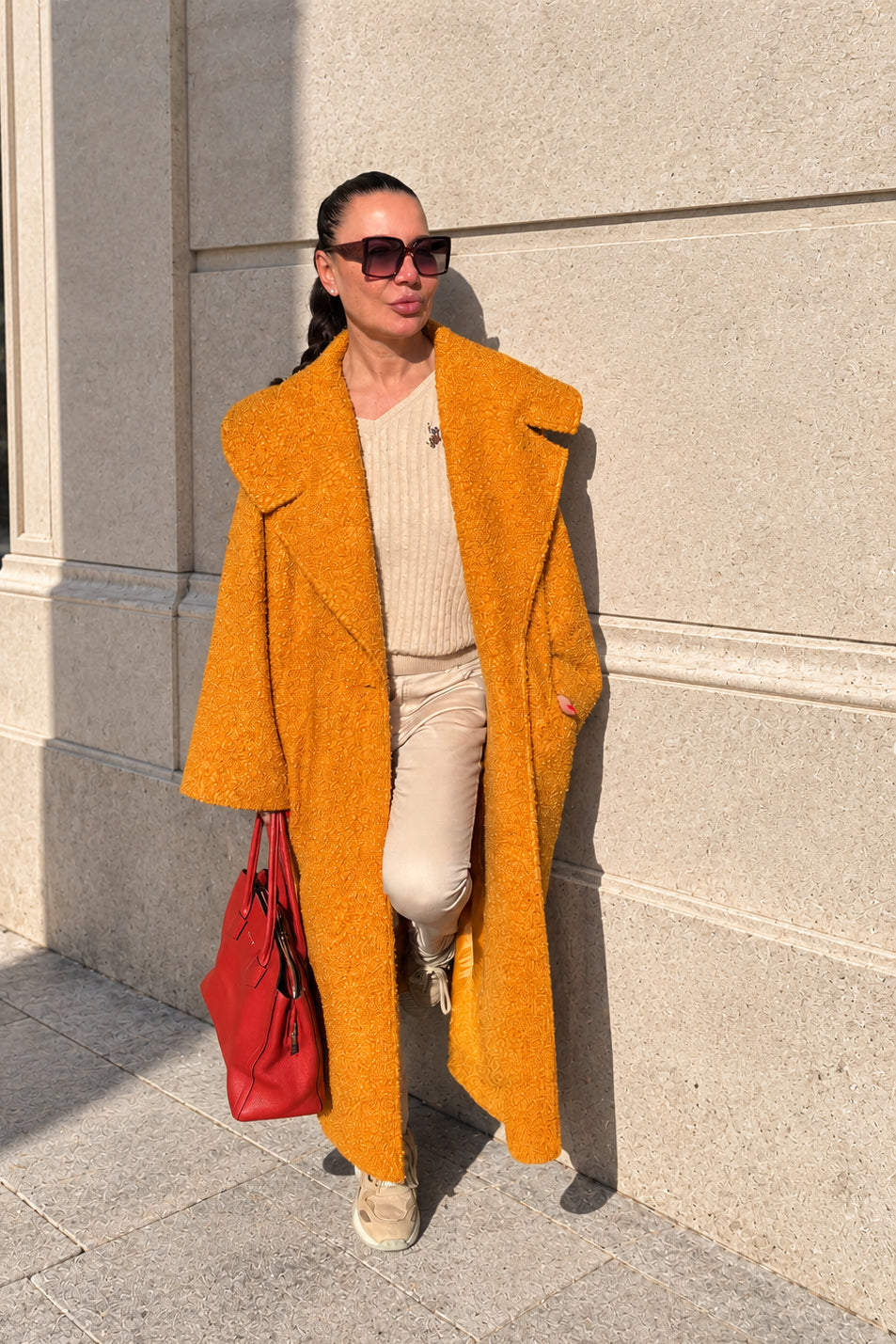 Mustard bouclé cape coat Siri with large shawl collar - EUG Fashion #mustard
