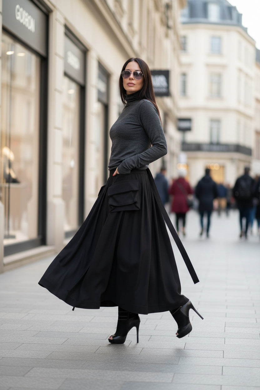 Woman in a black outfit walking on a city street