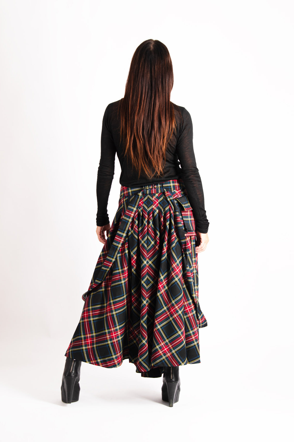 Plaid cotton asymmetric skirt Zefira with suspenders and cargo pockets - EUG Fashion #plaid
