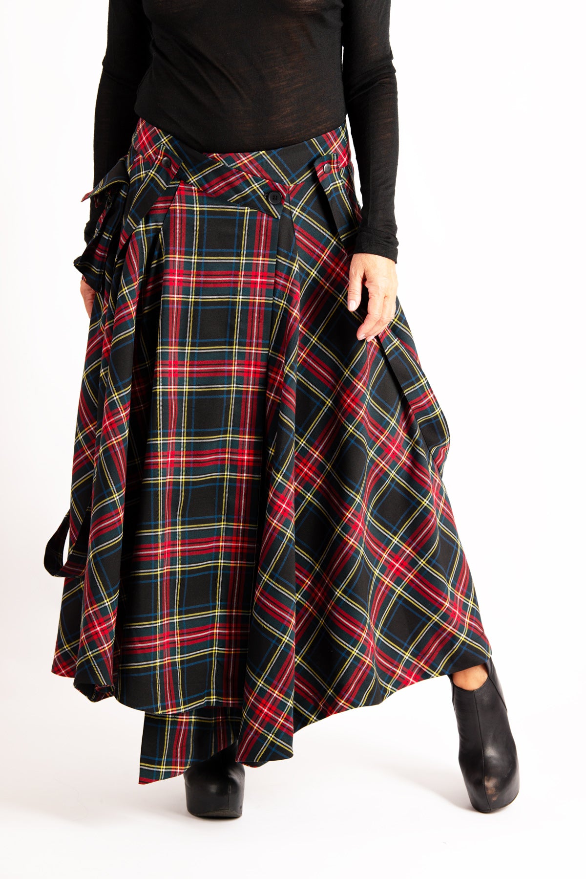 Plaid cotton asymmetric skirt Zefira with suspenders and cargo pockets - EUG Fashion #plaid

