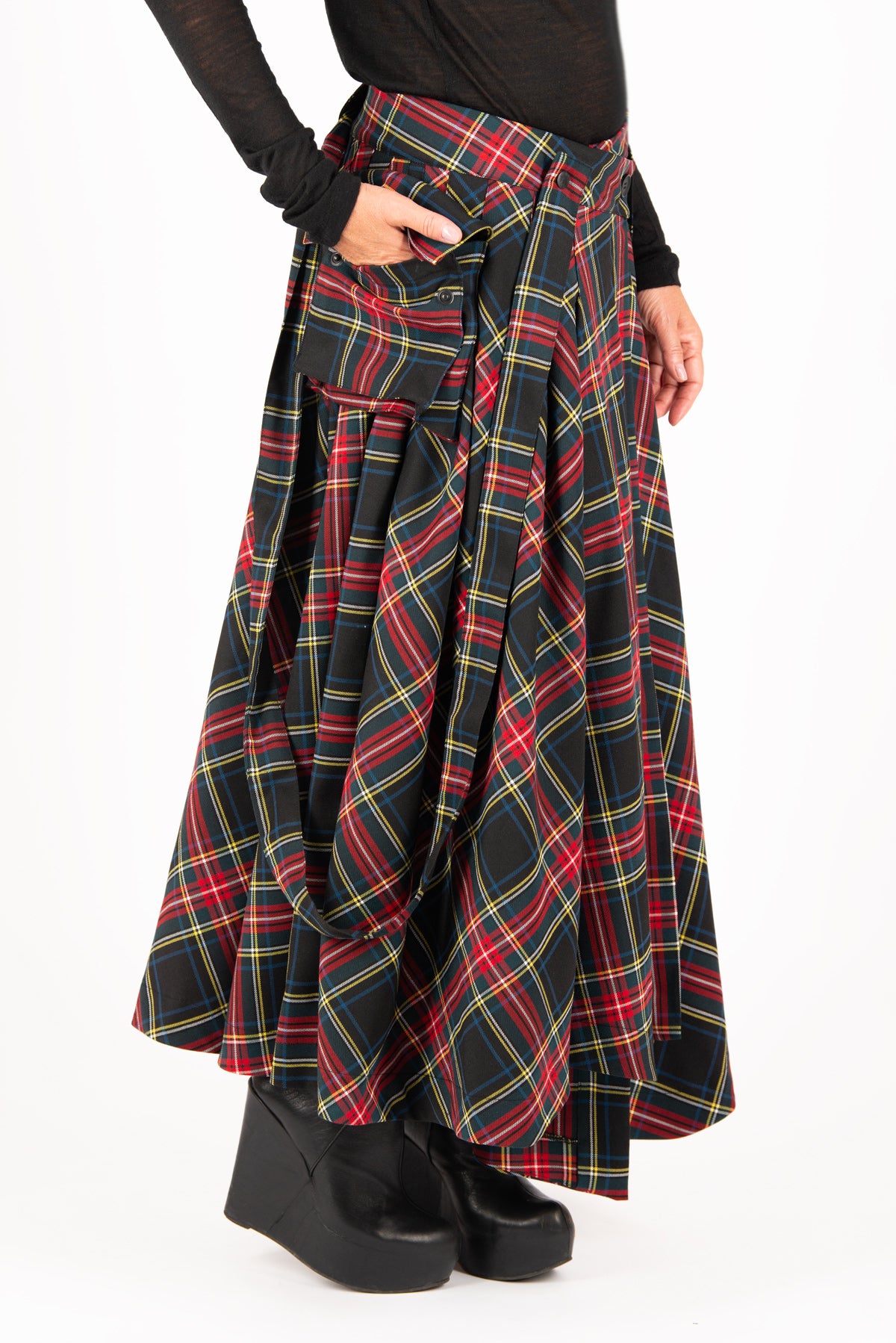 Plaid cotton asymmetric skirt Zefira with suspenders and cargo pockets - EUG Fashion #plaid
