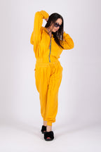 Mustard tracksuit - cotton with a little elastane, hooded zip-up top and harem pants with side and back pockets, Georgia | EUG Fashion #mustard