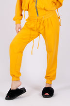 Mustard tracksuit - cotton with a little elastane, hooded zip-up top and harem pants with side and back pockets, Georgia | EUG Fashion #mustard