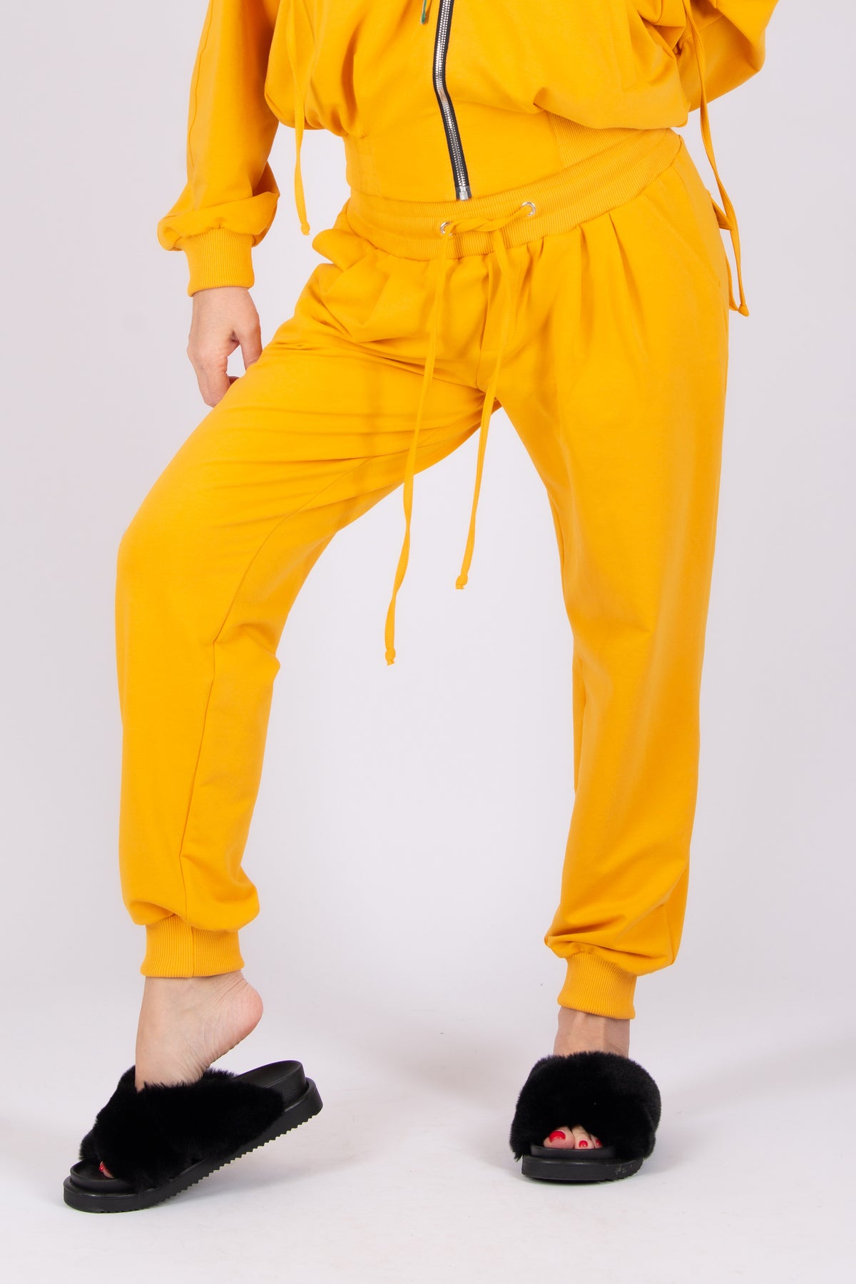 Mustard tracksuit - cotton with a little elastane, hooded zip-up top and harem pants with side and back pockets, Georgia | EUG Fashion #mustard