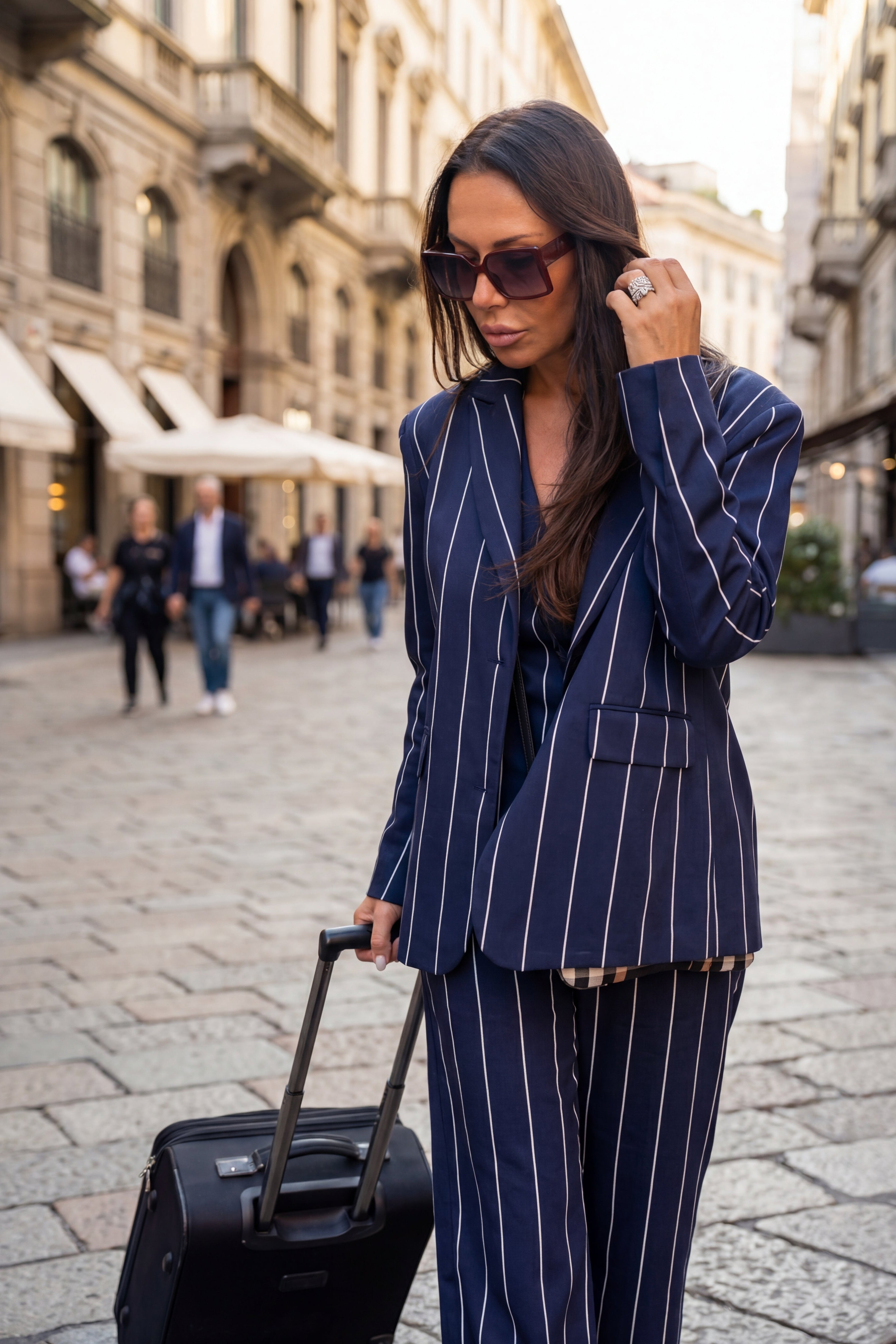 Woman in a blue pinstripe suit with sunglasses and a suitcase on a city street.