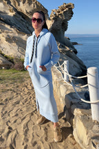 Light Blue cotton fleece hooded dress - loose long silhouette, kangaroo pocket and two side slits, Suzana | EUG Fashion #light-blue