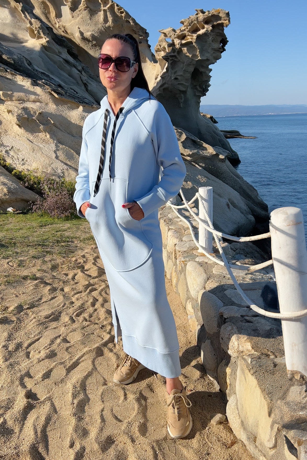 Light Blue cotton fleece hooded dress - loose long silhouette, kangaroo pocket and two side slits, Suzana | EUG Fashion #light-blue