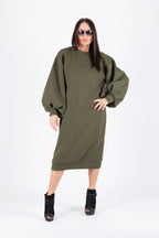 Military green wadded cotton sweatshirt dress with bishop sleeves and side pockets - wide long silhouette, Karina | EUG Fashion #military-green
