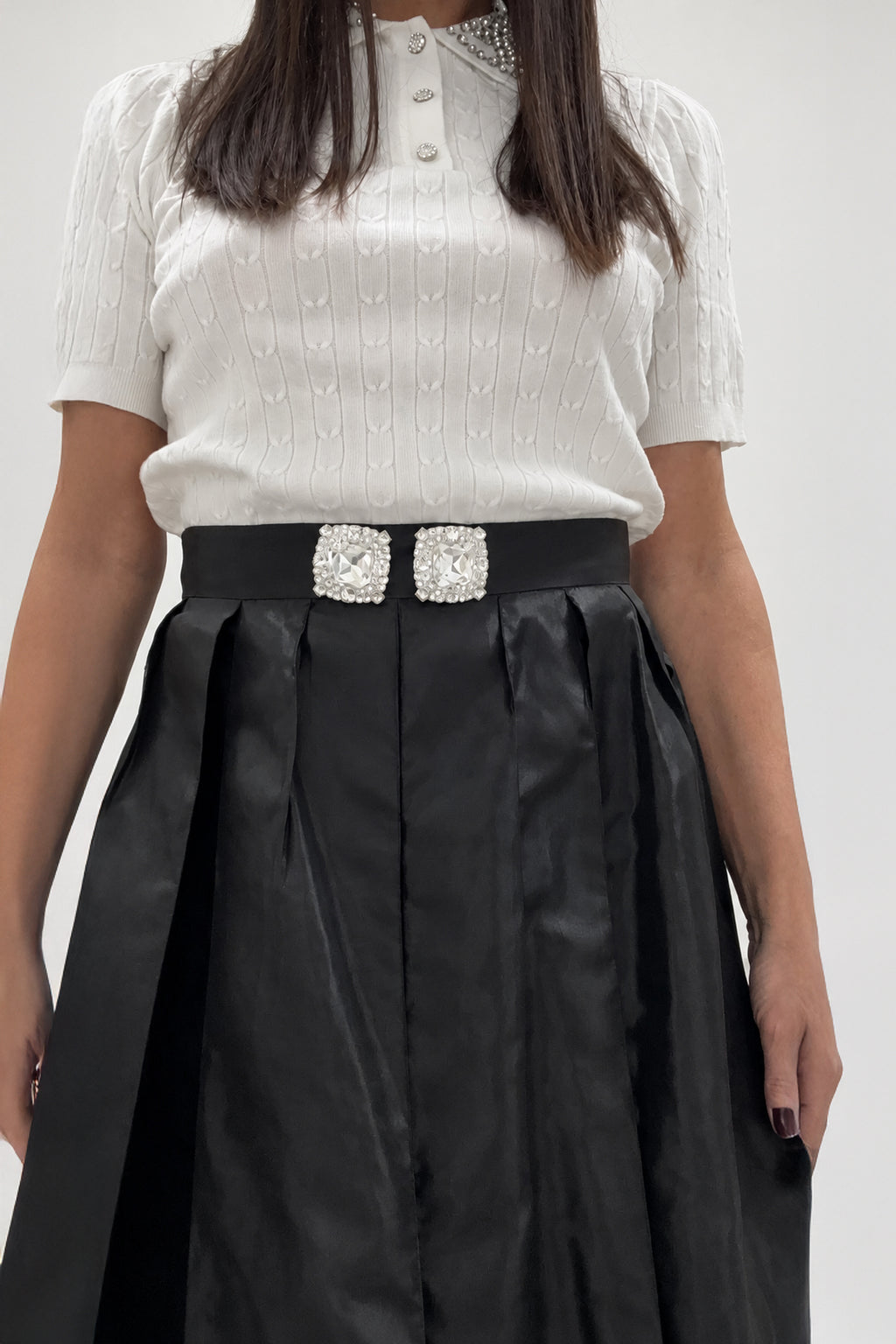 Black taffeta skirt - ankle-length pleats, statement waistband brooches, mid-rise waist, Alena | EUG Fashion #black