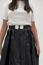 Black taffeta skirt - ankle-length pleats, statement waistband brooches, mid-rise waist, Alena | EUG Fashion #black