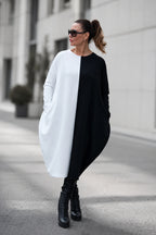 Black and white two-tone punto milano barrel dress Tamara - EUG Fashion 