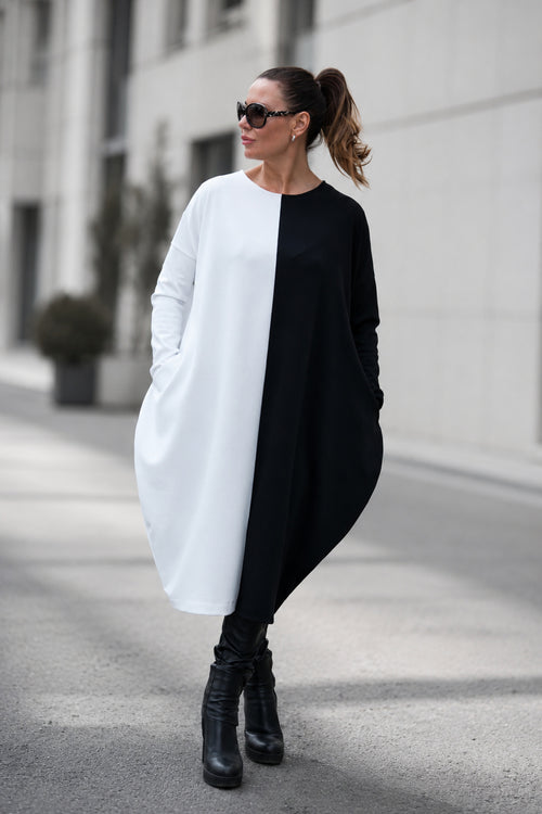 Black and white two-tone punto milano barrel dress Tamara - EUG Fashion 