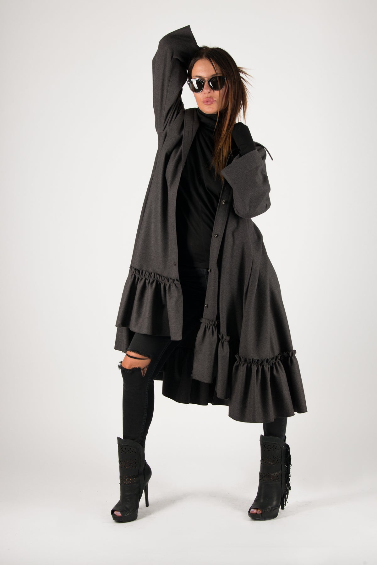 Dark grey cashmere wool shirt dress Tatiana - EUG Fashion

